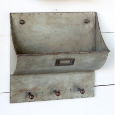 Galvanized Metal Wall Pocket with Hooks - Primitive Décor Style   183370176498